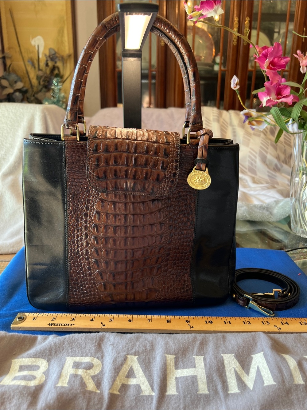 Brahmin Brown and Black Croc-Embossed Satchel with Gold Accent